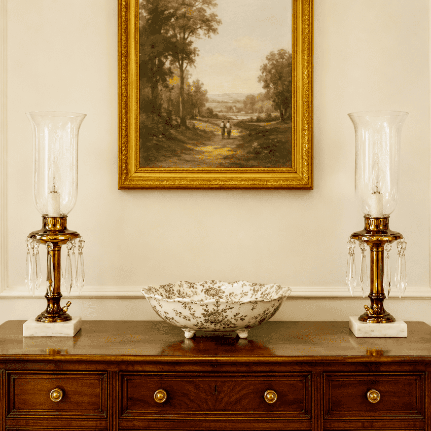 Pair Vintage Brass Crystal Boudoir Lamps with Etched Frosted Glass Chimneys