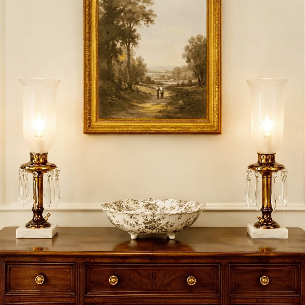 Pair Vintage Brass Crystal Boudoir Lamps with Etched Frosted Glass Chimneys