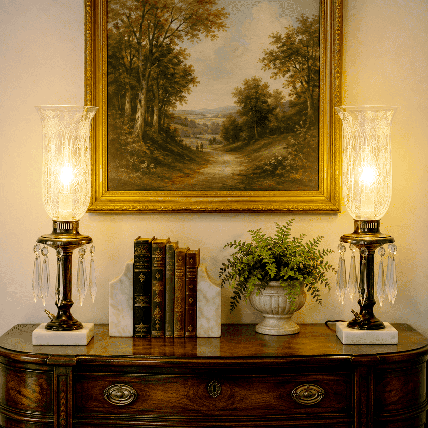 Pair Vintage Brass Crystal Boudoir Lamps with Etched Frosted Glass Chimneys