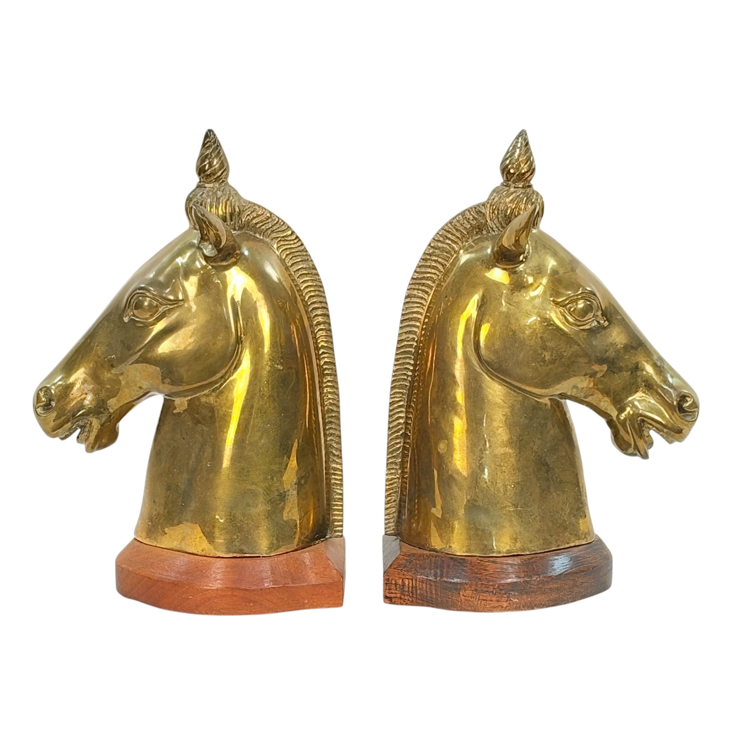 Large Vintage Brass Horse Head Bookends Pair – 12” Equestrian Sculptures on Wood Bases – Heavy Brass Library Decor