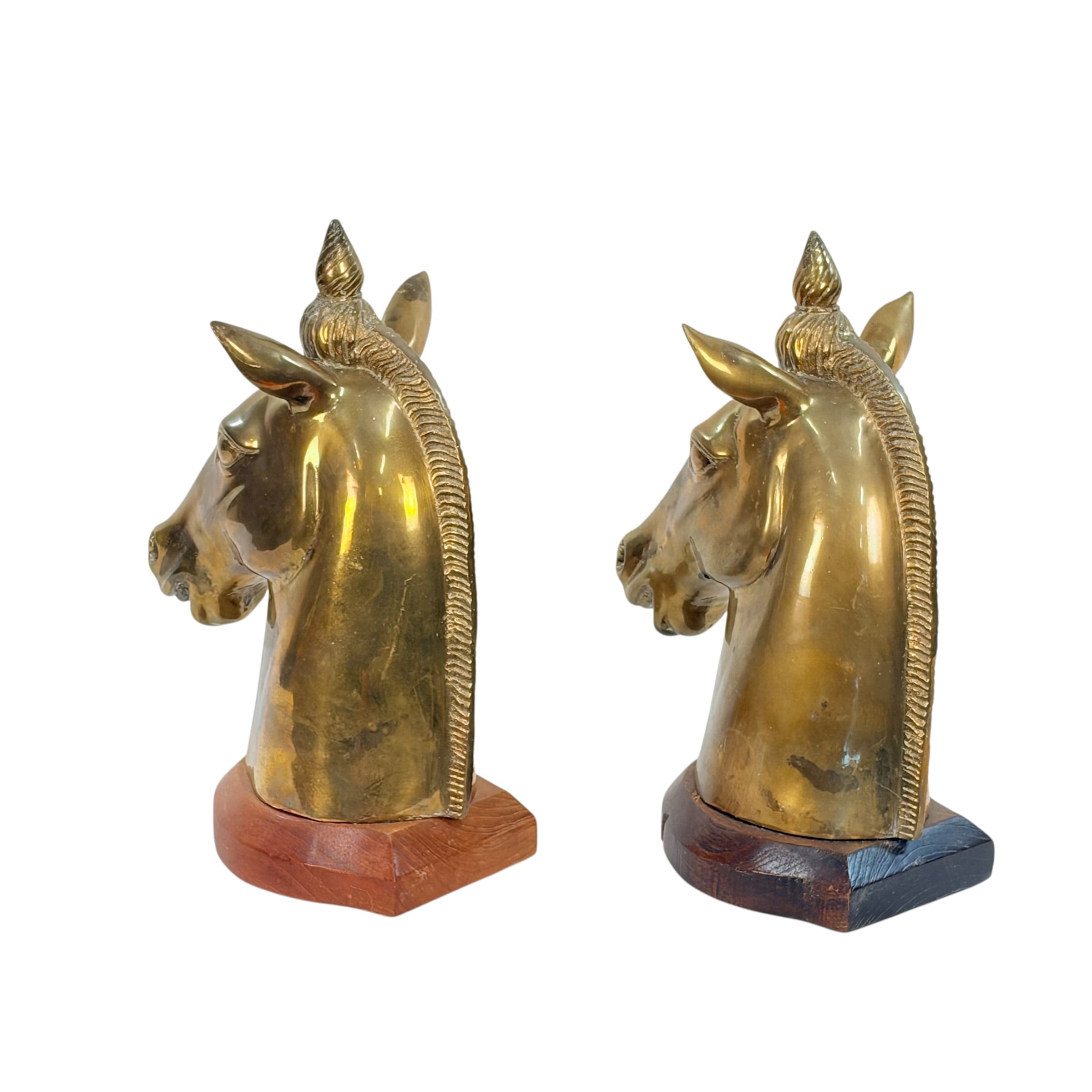 Large Vintage Brass Horse Head Bookends Pair – 12” Equestrian Sculptures on Wood Bases – Heavy Brass Library Decor