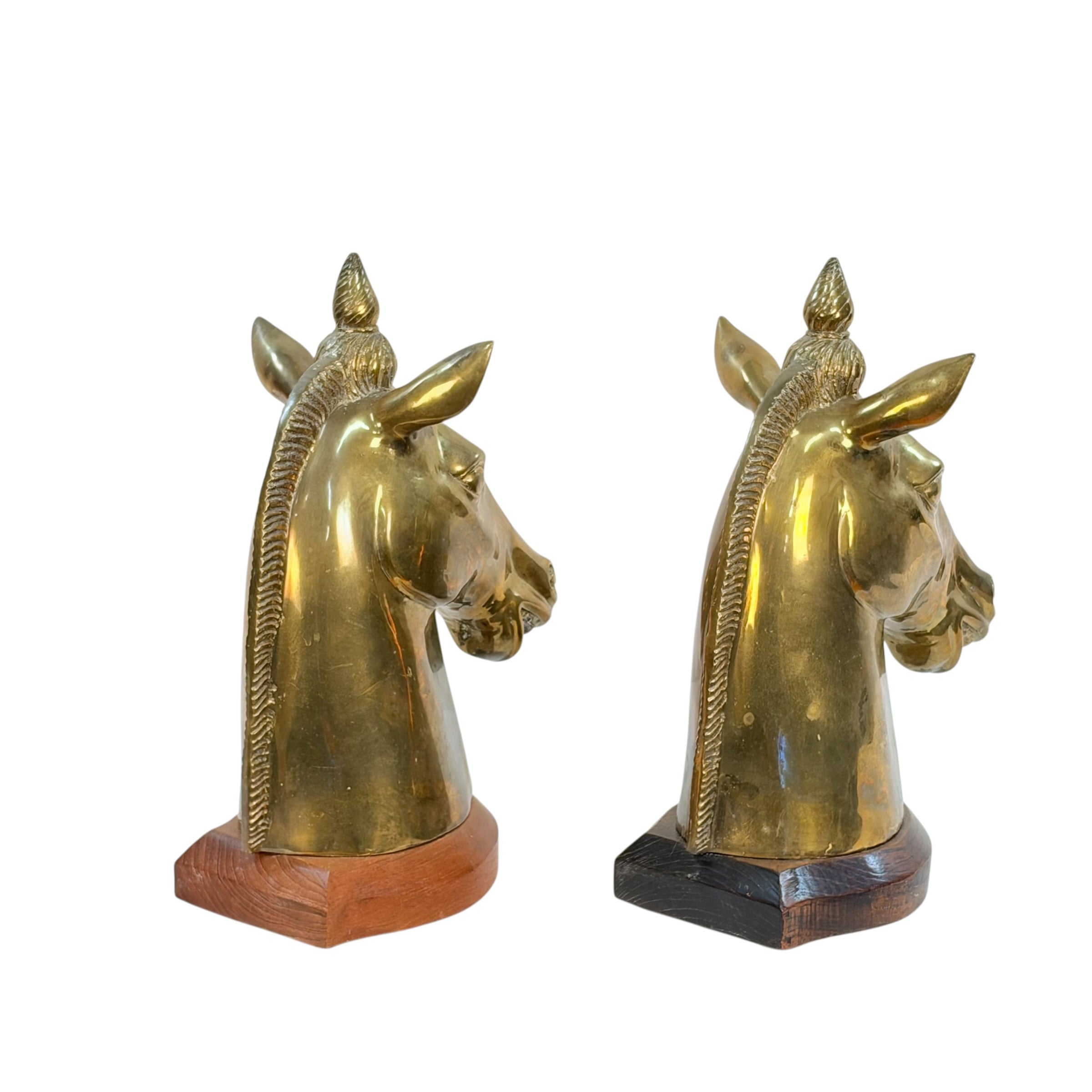 Large Vintage Brass Horse Head Bookends Pair – 12” Equestrian Sculptures on Wood Bases – Heavy Brass Library Decor