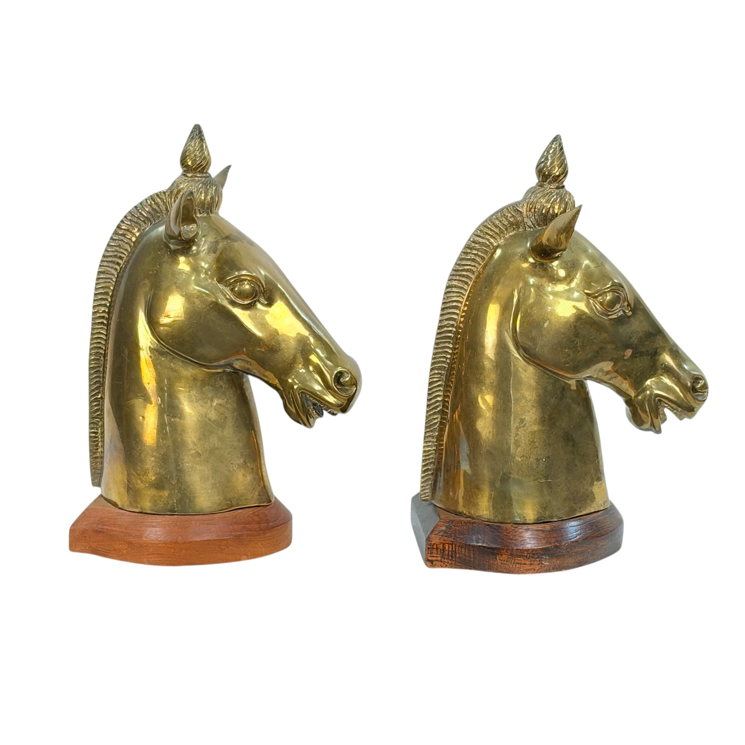 Large Vintage Brass Horse Head Bookends Pair – 12” Equestrian Sculptures on Wood Bases – Heavy Brass Library Decor