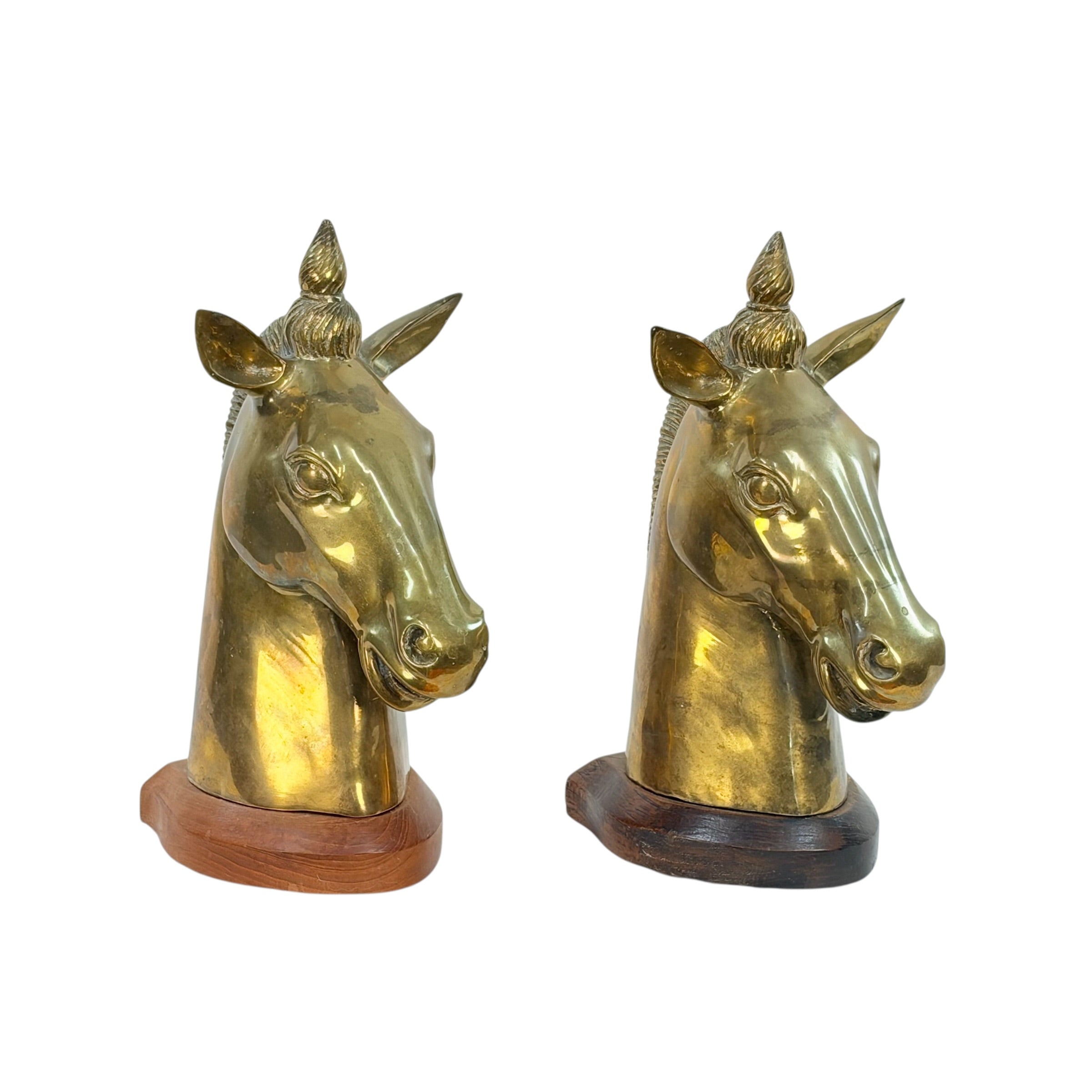 Large Vintage Brass Horse Head Bookends Pair – 12” Equestrian Sculptures on Wood Bases – Heavy Brass Library Decor