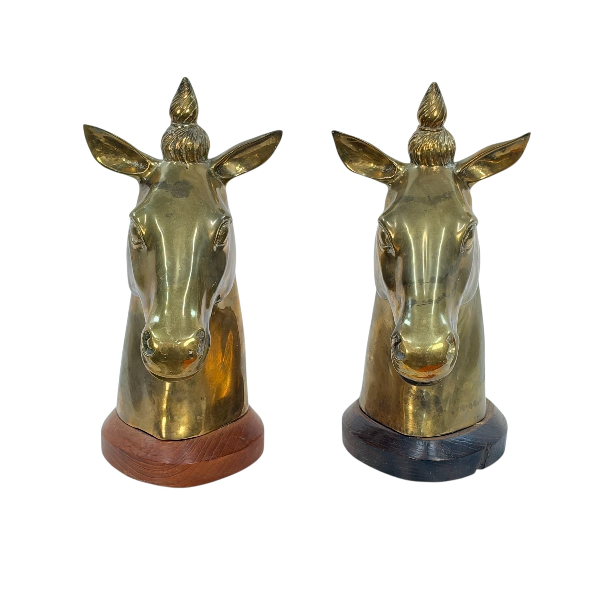 Large Vintage Brass Horse Head Bookends Pair – 12” Equestrian Sculptures on Wood Bases – Heavy Brass Library Decor