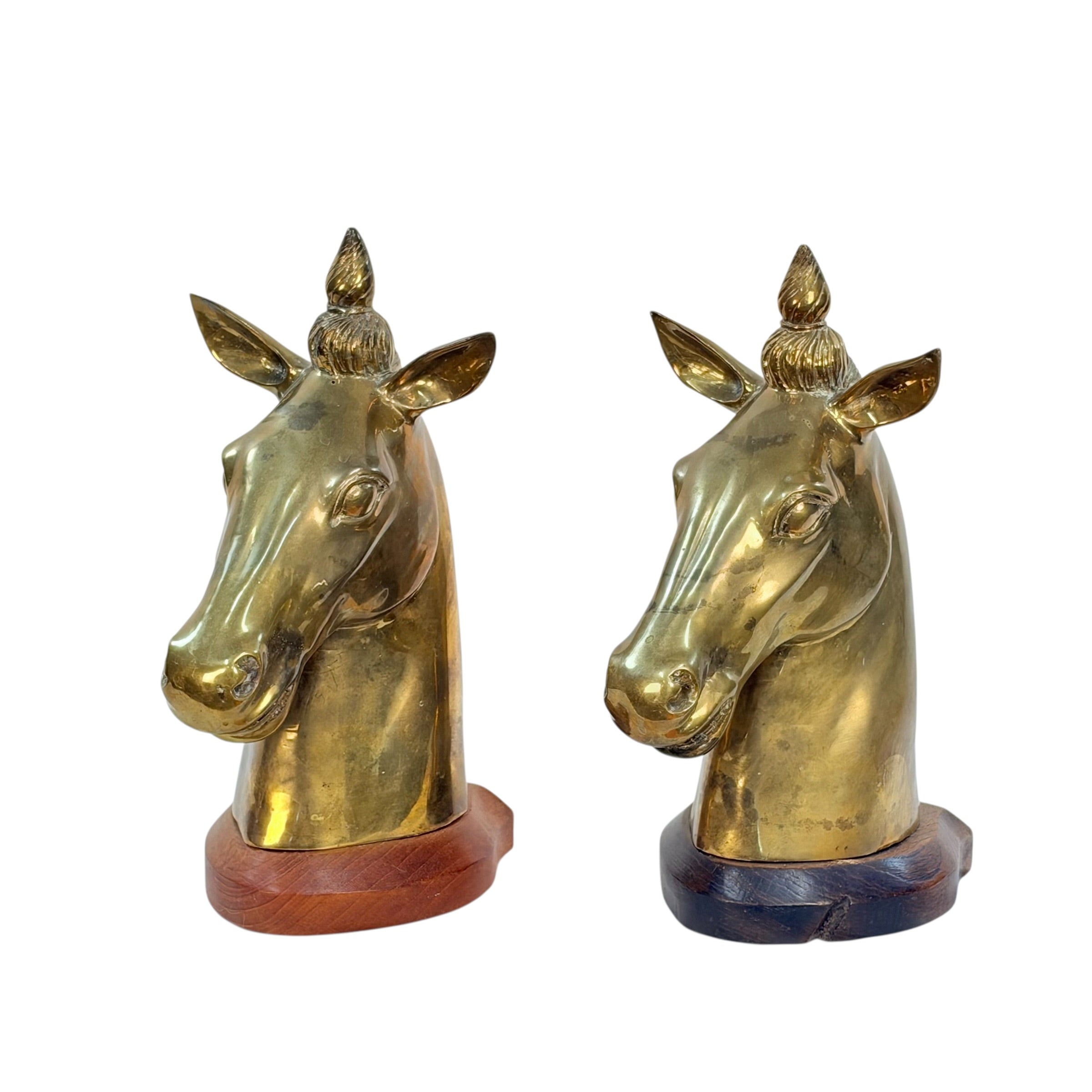 Large Vintage Brass Horse Head Bookends Pair – 12” Equestrian Sculptures on Wood Bases – Heavy Brass Library Decor