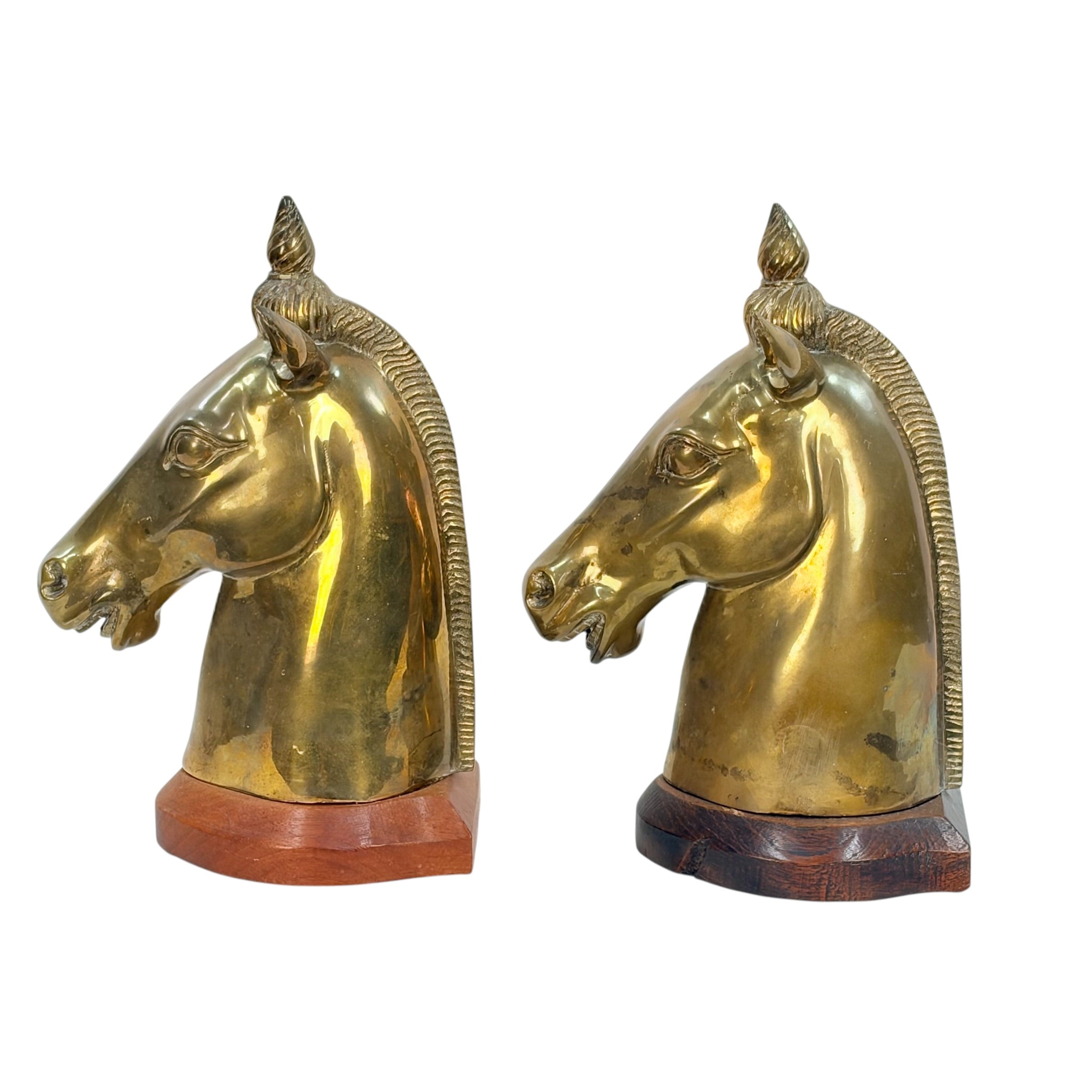 Large Vintage Brass Horse Head Bookends Pair – 12” Equestrian Sculptures on Wood Bases – Heavy Brass Library Decor