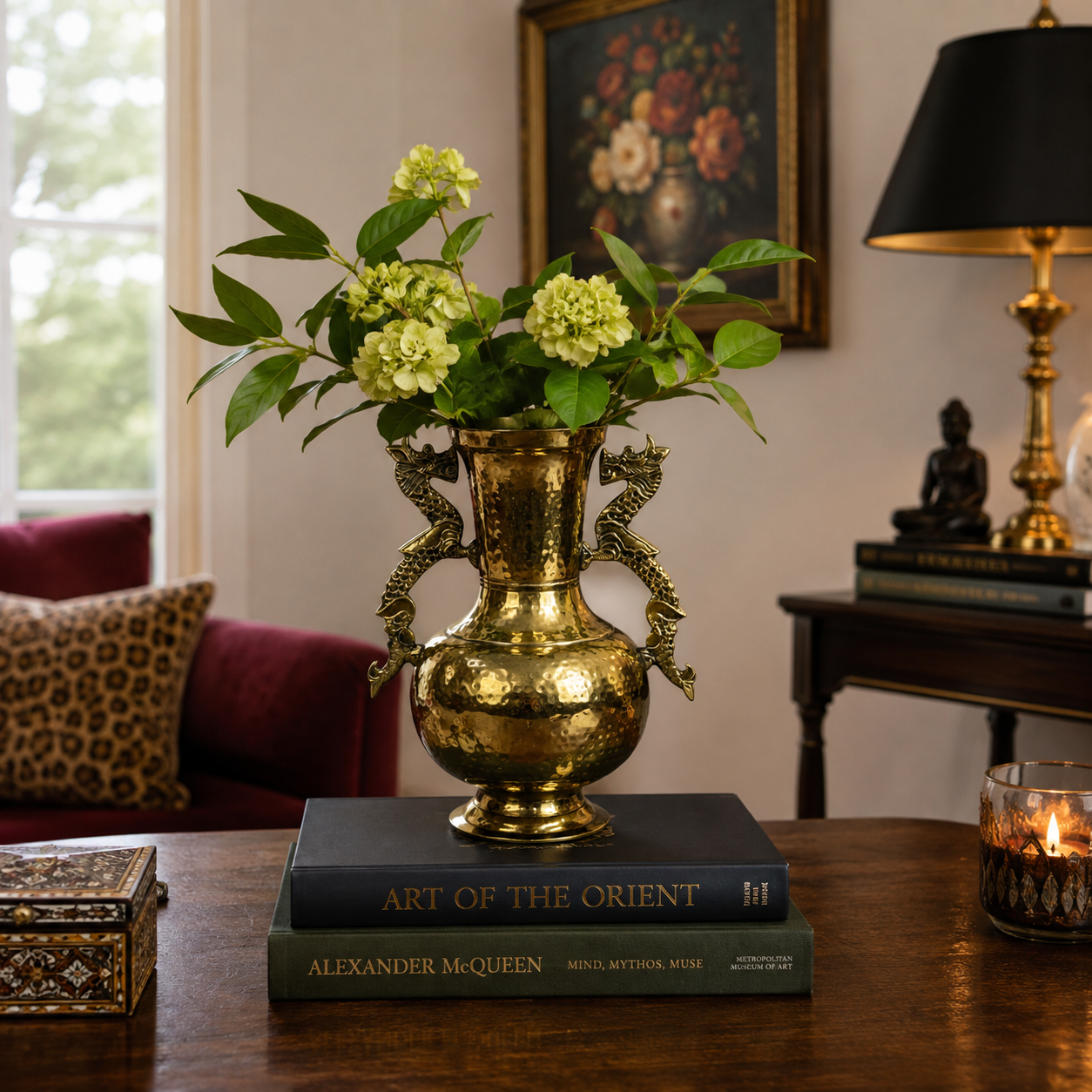 Vintage Hammered Brass Dragon Handle Vase