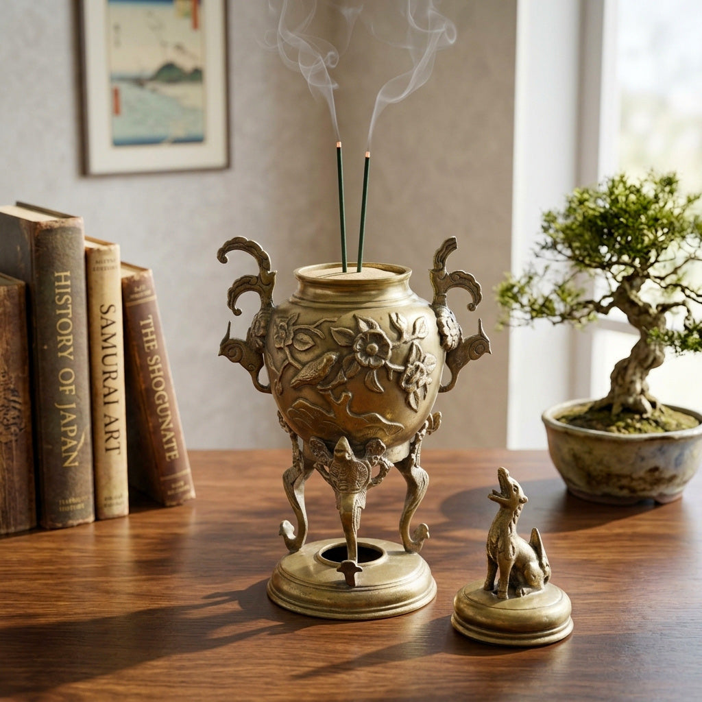 Pair of Vintage Brass Chinese Incense Burners with Foo Dog Finials