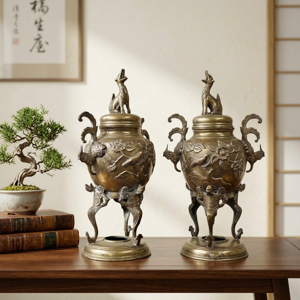 Pair of Vintage Brass Chinese Incense Burners with Foo Dog Finials