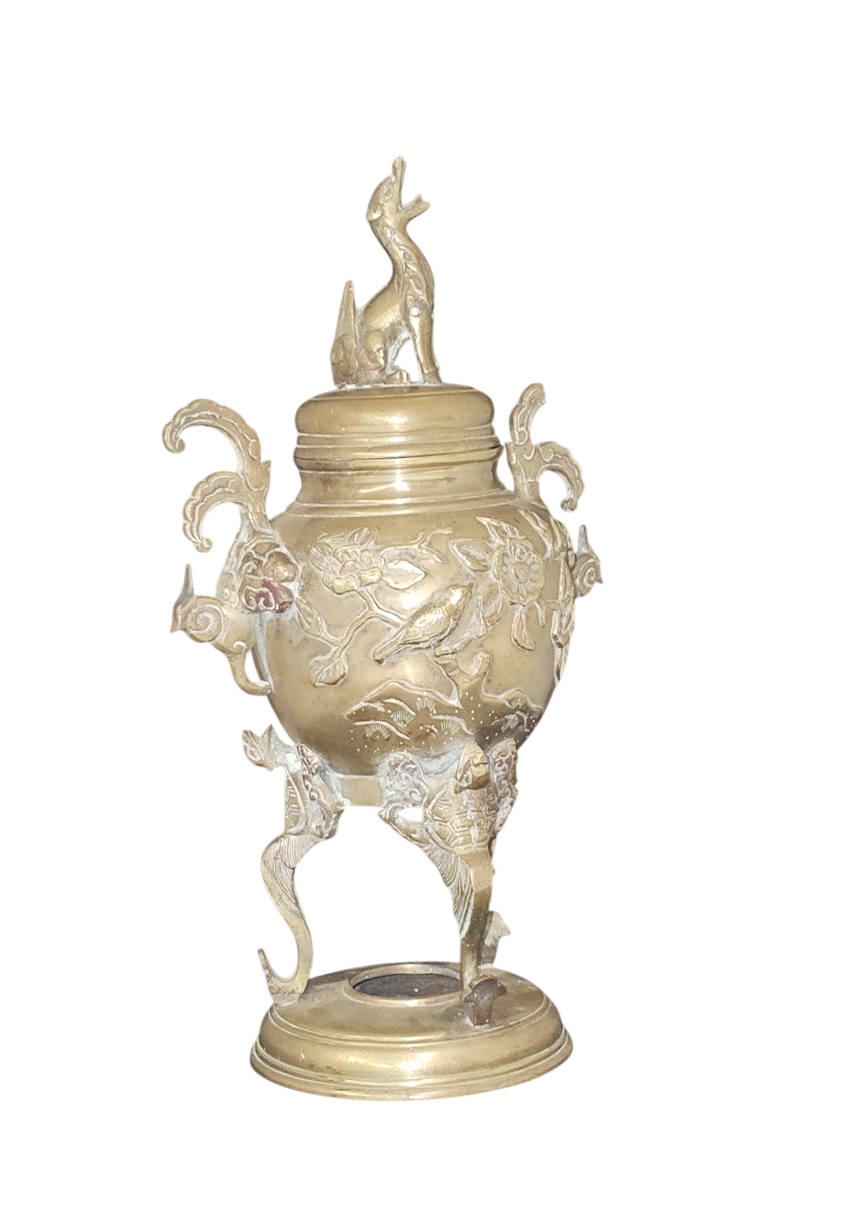 Pair of Vintage Brass Chinese Incense Burners with Foo Dog Finials