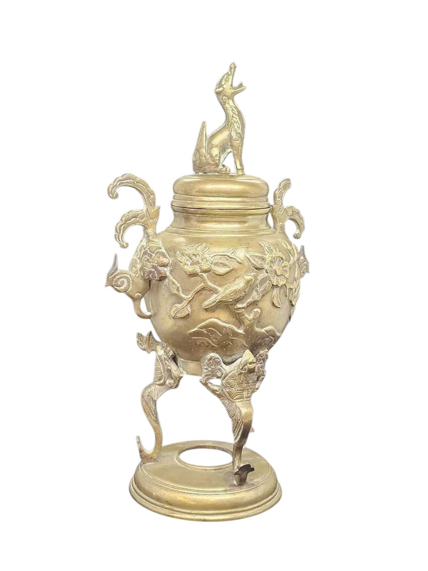 Pair of Vintage Brass Chinese Incense Burners with Foo Dog Finials