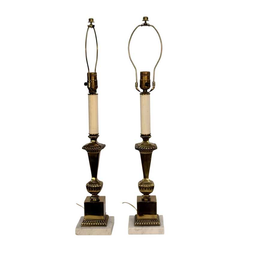 Pair of Vintage Brass Candlestick Table Lamps – Neoclassical Hollywood Regency Lamps – Marble Bases – 3 Way Lighting