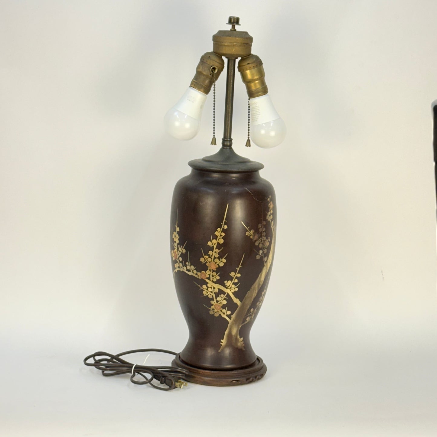 Brown Asian Ceramic Lamp with Cherry Blossoms
