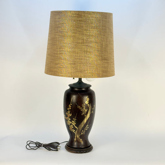 Brown Asian Ceramic Lamp with Cherry Blossoms