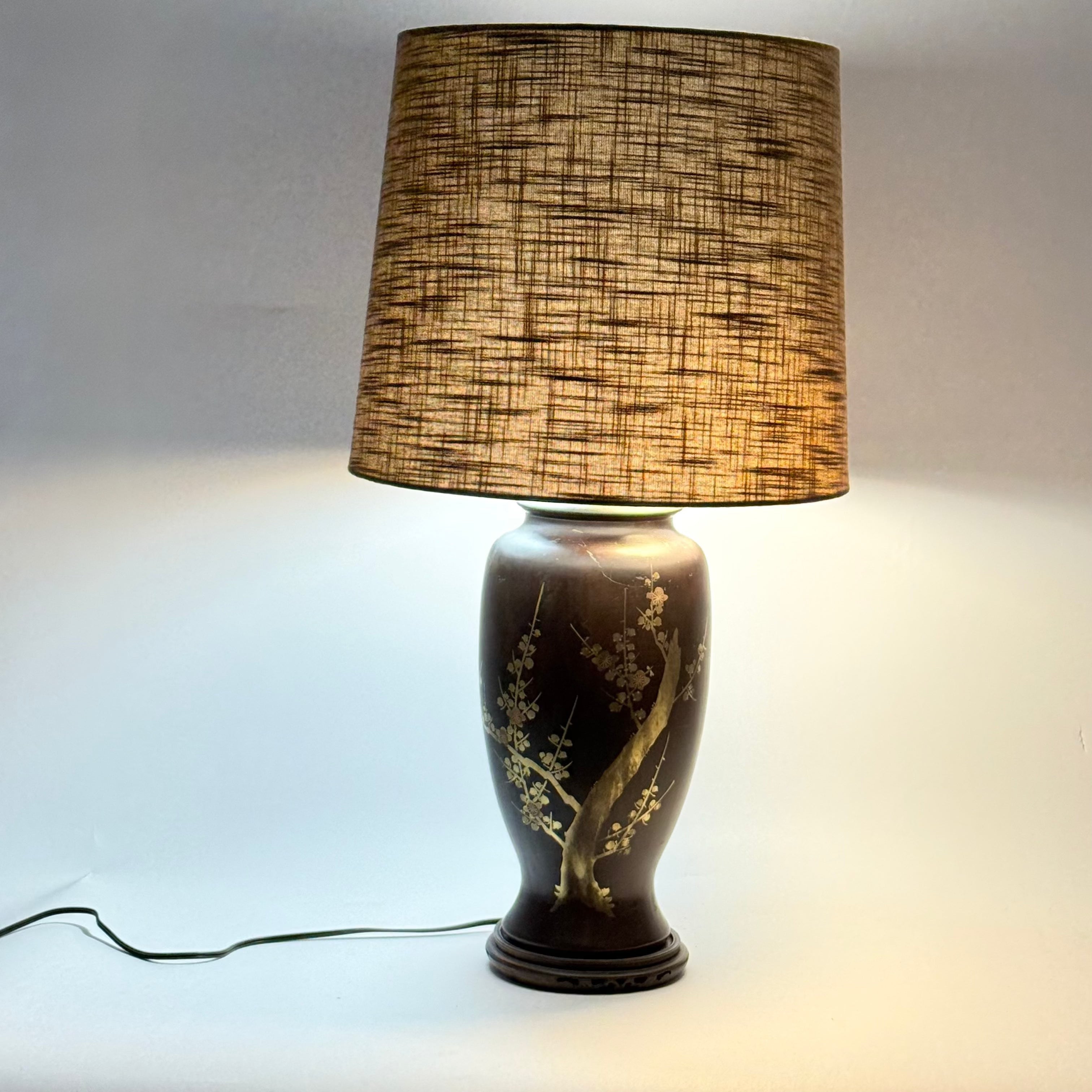 Brown Asian Ceramic Lamp with Cherry Blossoms