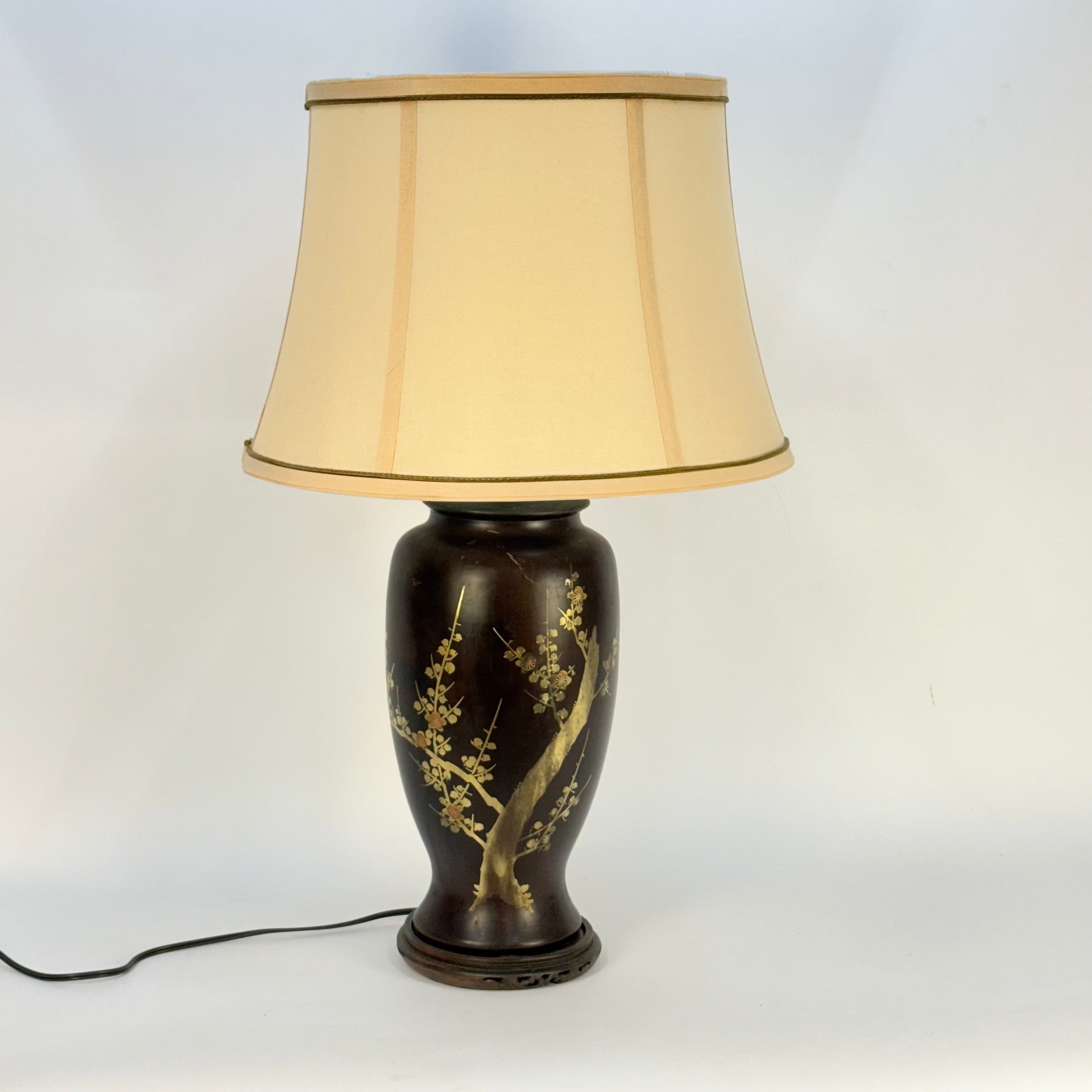 Brown Asian Ceramic Lamp with Cherry Blossoms