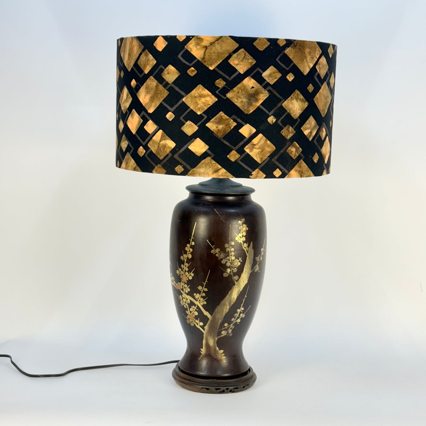Brown Asian Ceramic Lamp with Cherry Blossoms