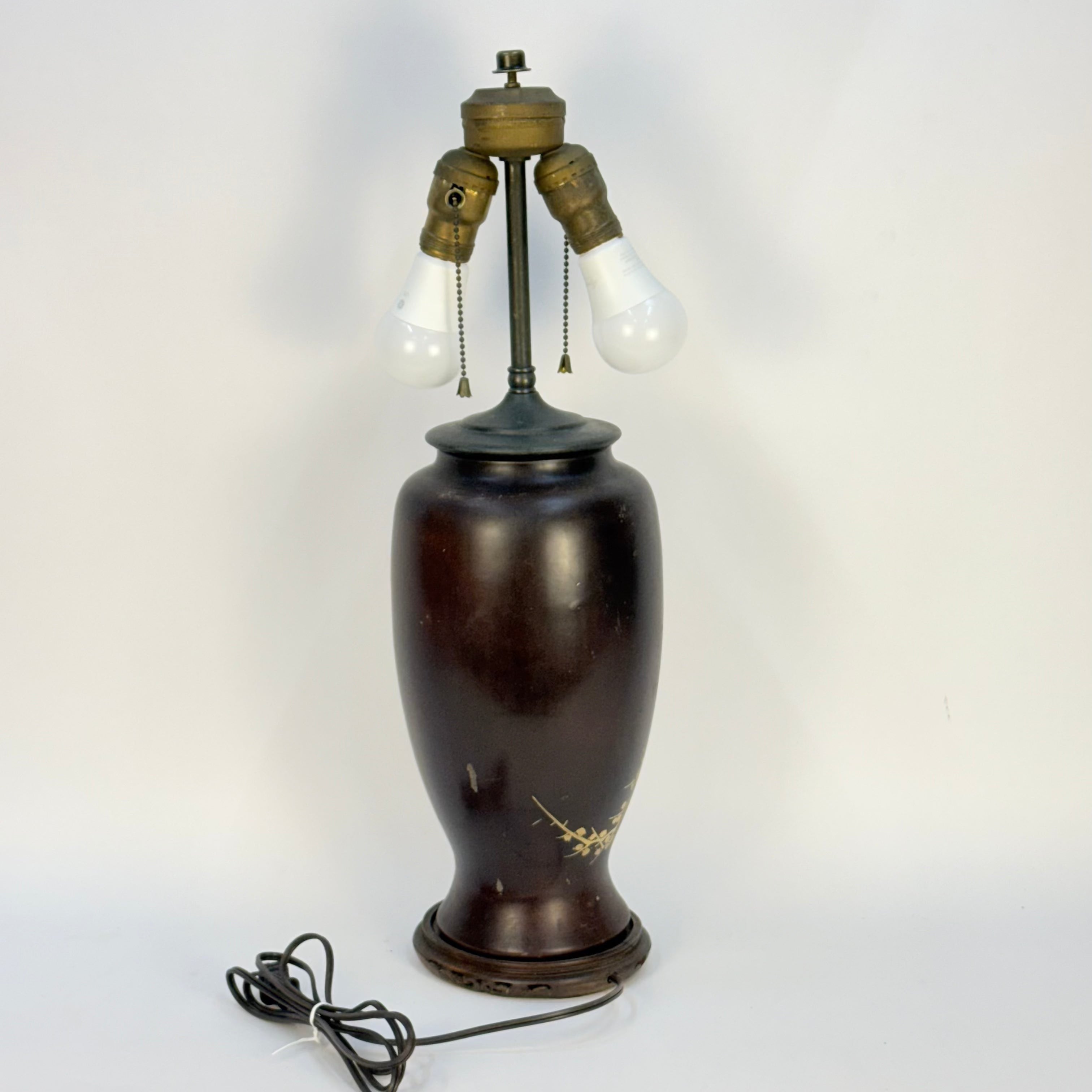 Brown Asian Ceramic Lamp with Cherry Blossoms