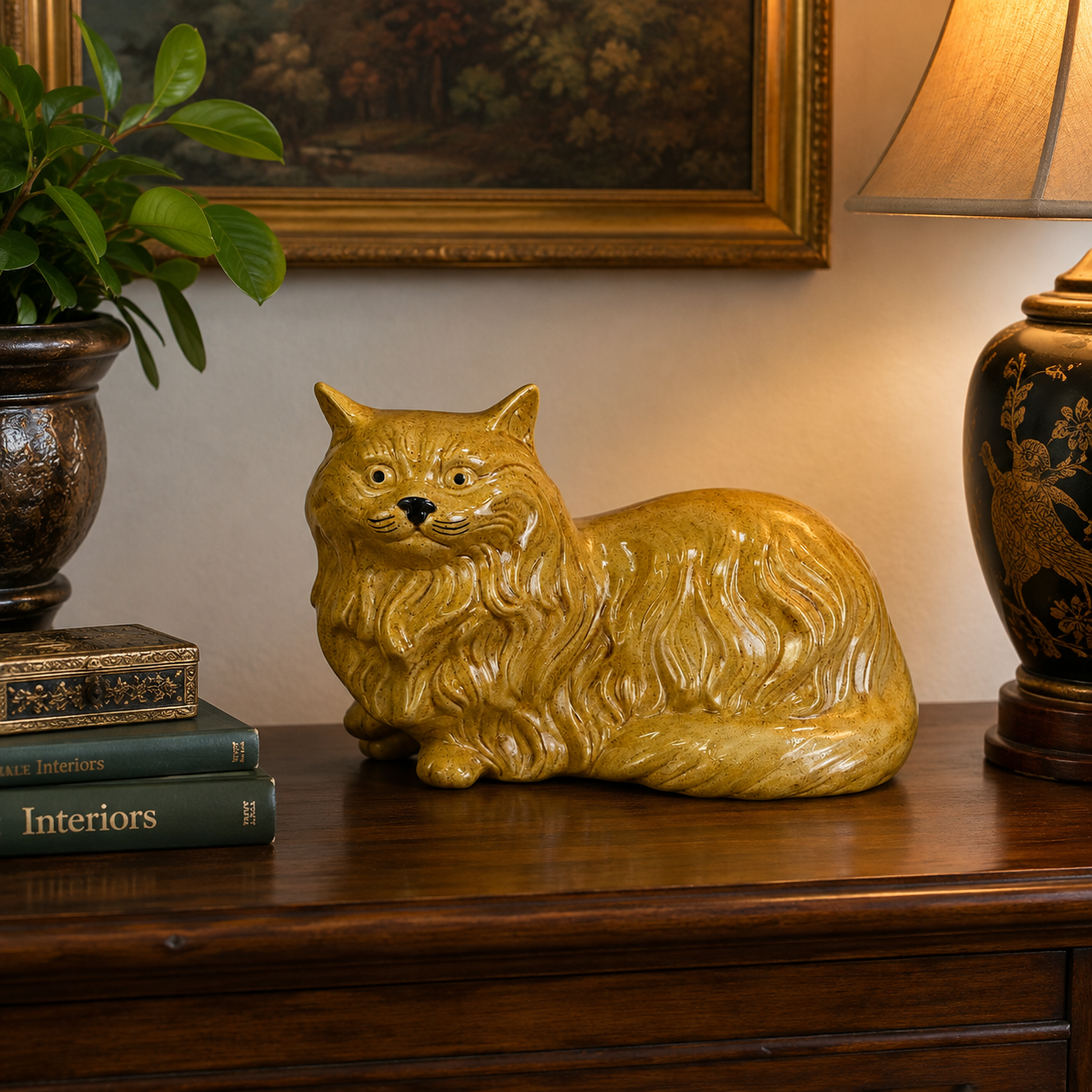 Large Vintage Ceramic Long-Haired Cat Figurine