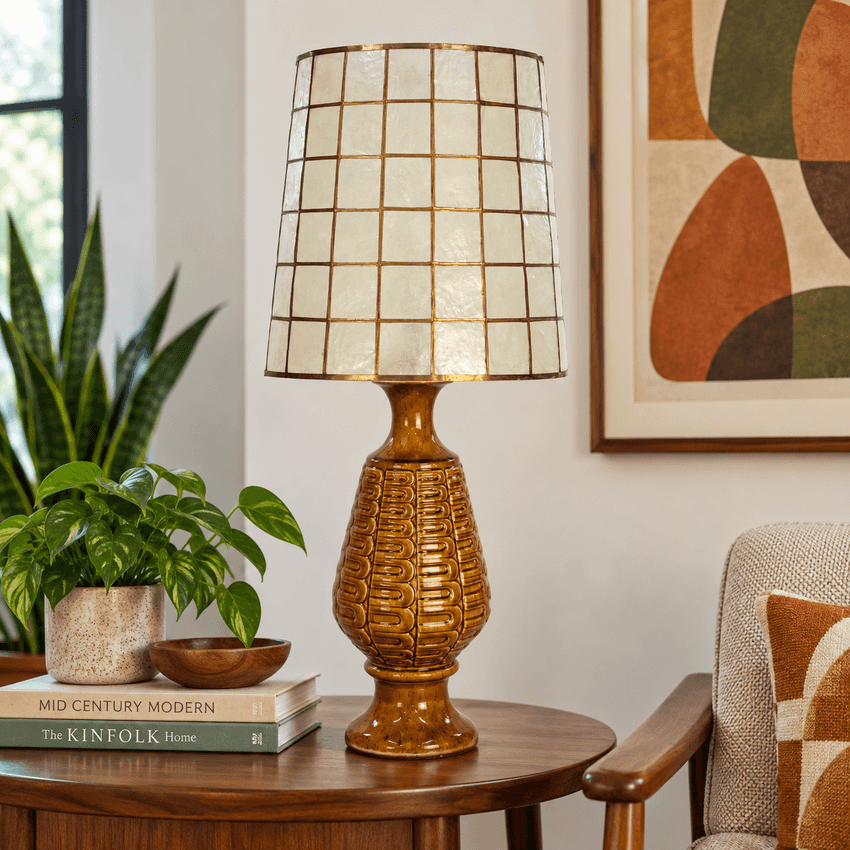 Vintage MCM Ceramic Table Lamp – 33.5” Mustard Brown Geometric Textured 1970s Mid Century Lamp