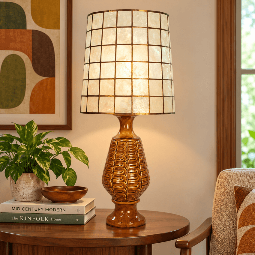Vintage MCM Ceramic Table Lamp – 33.5” Mustard Brown Geometric Textured 1970s Mid Century Lamp