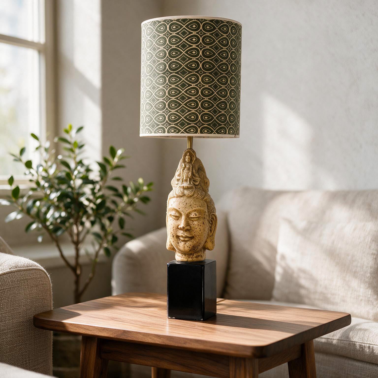 James Mont Ceramic Vintage Tara Buddha Head Lamp, Figural Home Decor Lamp, Mid Century Asian Vintage Buddha