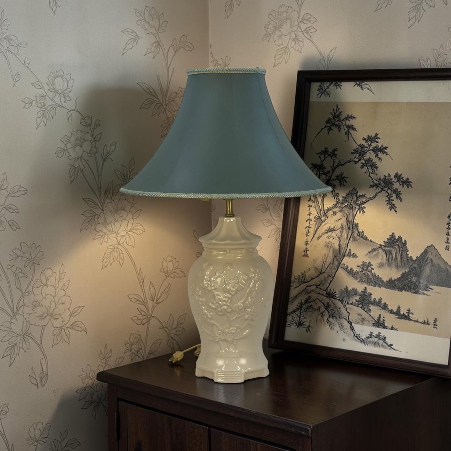 Handmade Green Bell Lampshade | Hand Sewn Fabric Shade | Soft Sage Green with Light Green Trim | 18.5" Bottom | Artisan Lampshade