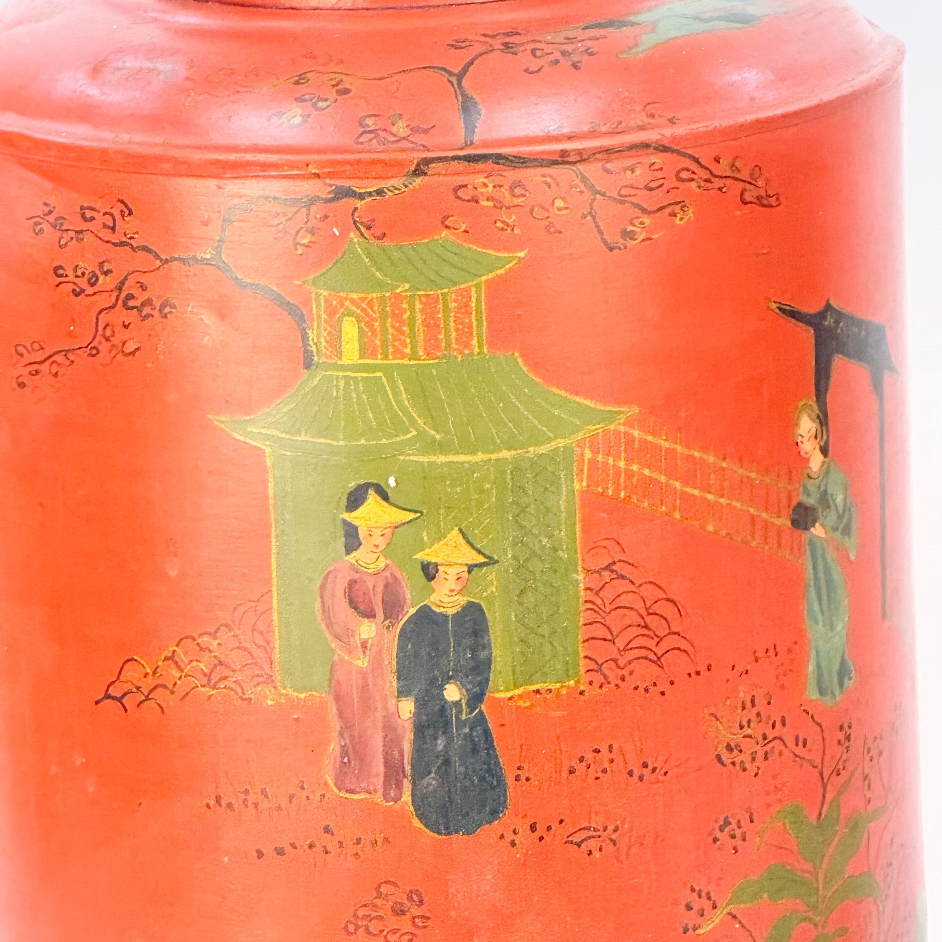Pair of Large Hand Painted Japanese Market Scene Lamps