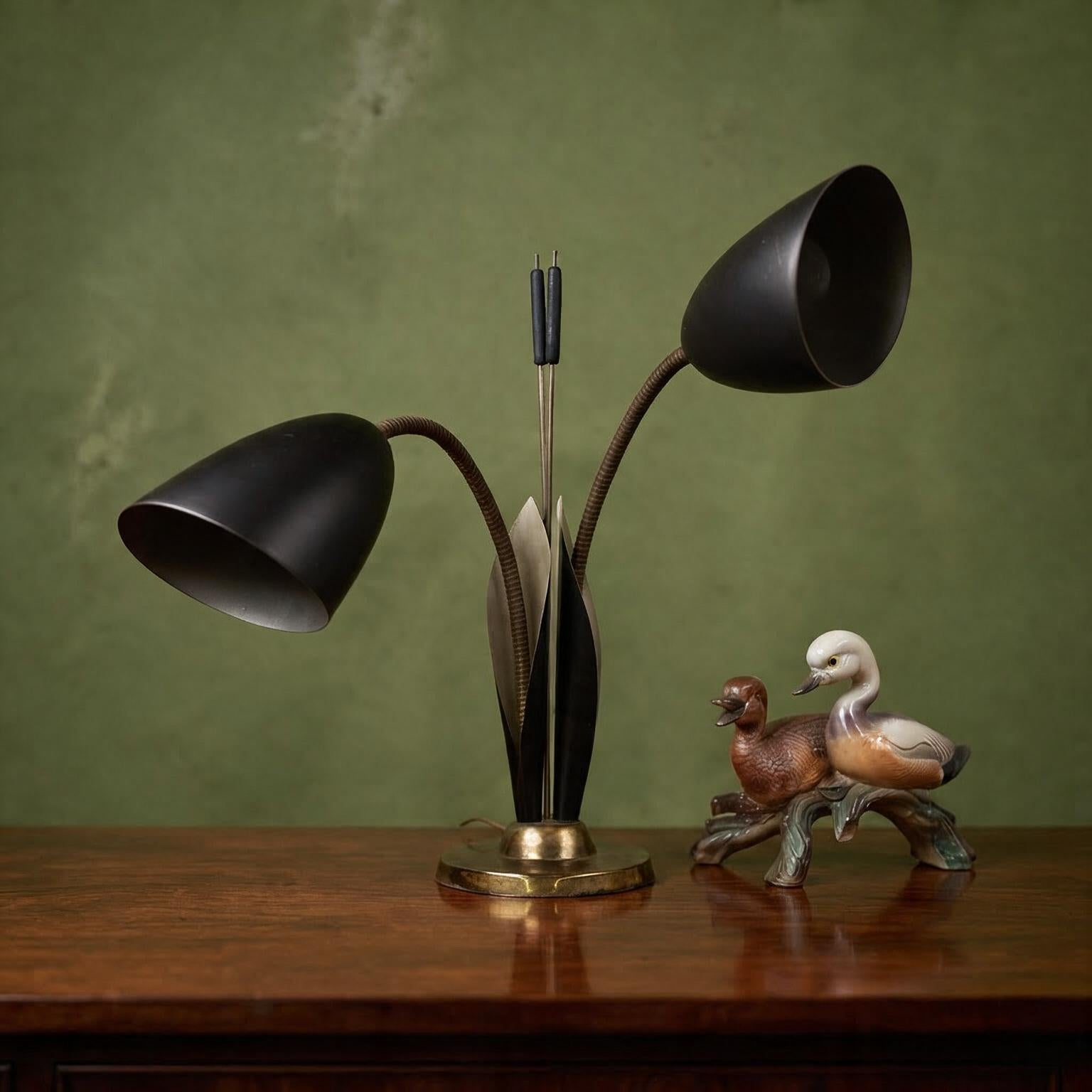 Vintage Mid Century Cattail Table Lamp – Double Gooseneck Lamp – Adjustable Metal Shades – Original Patina – Rewired