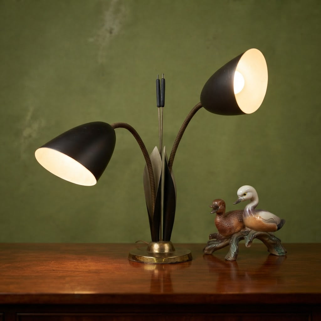 Vintage Mid Century Cattail Table Lamp – Double Gooseneck Lamp – Adjustable Metal Shades – Original Patina – Rewired