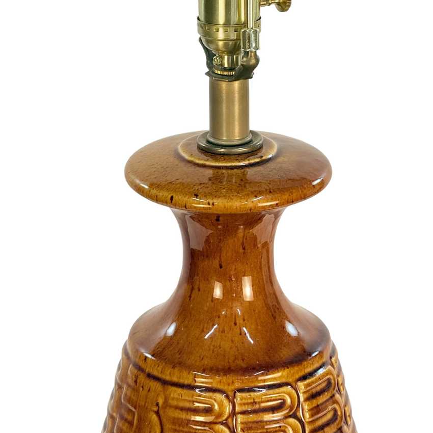 Vintage MCM Ceramic Table Lamp – 33.5” Mustard Brown Geometric Textured 1970s Mid Century Lamp