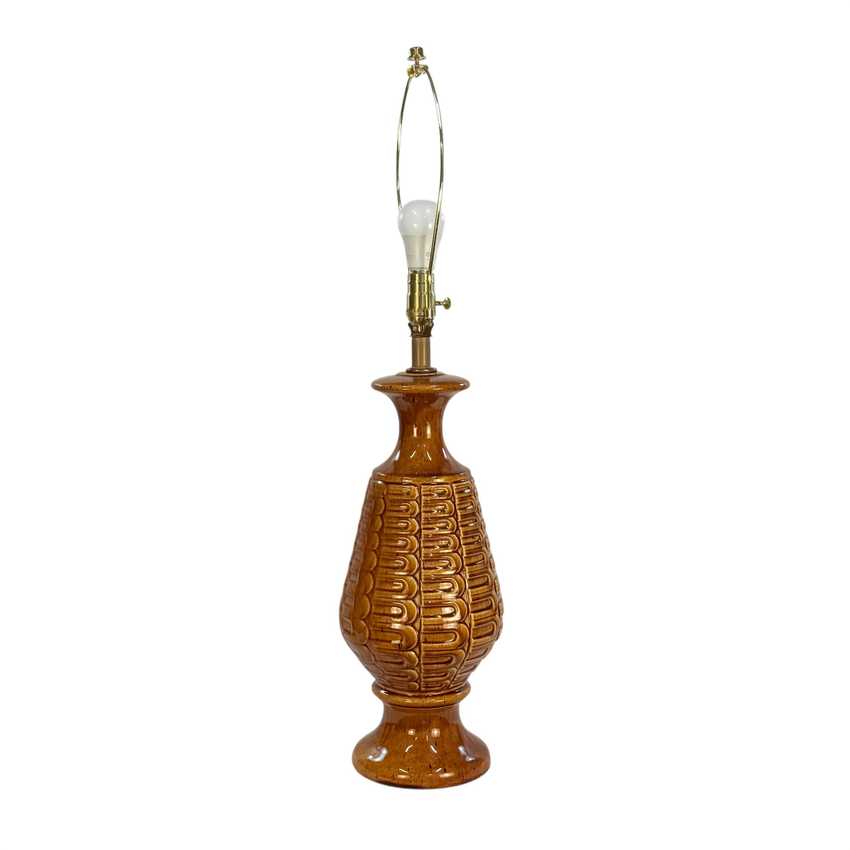 Vintage MCM Ceramic Table Lamp – 33.5” Mustard Brown Geometric Textured 1970s Mid Century Lamp