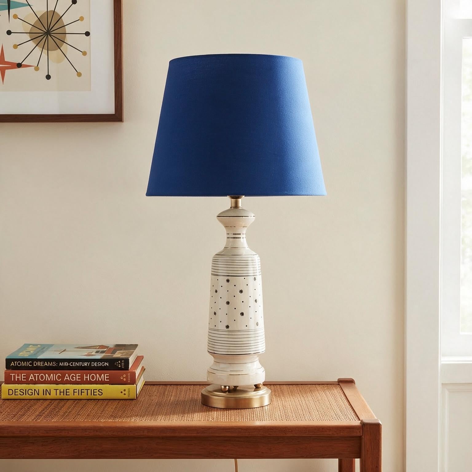 Vintage Mid Century Modern Cream Ceramic Table Lamp | Green Lamp | Gold Geometric MCM Lamp | 28.5" Tall