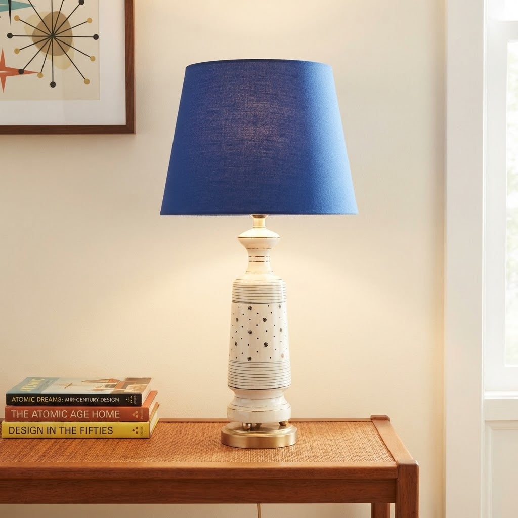 Vintage Mid Century Modern Cream Ceramic Table Lamp | Green Lamp | Gold Geometric MCM Lamp | 28.5" Tall