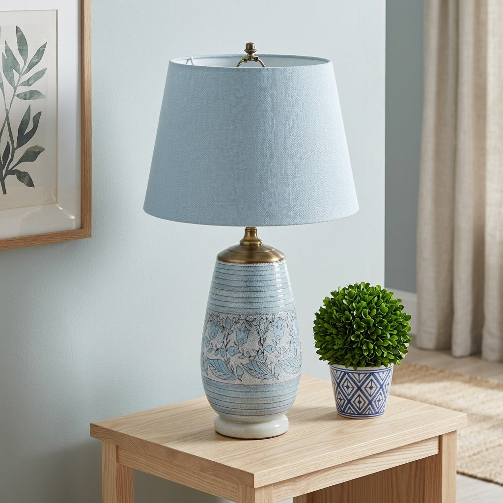 Custom Blue Pottery Vase Table Lamp – Vintage Ceramic Lamp - Brass Accent Lamp – One of a Kind Lighting – 25.75”