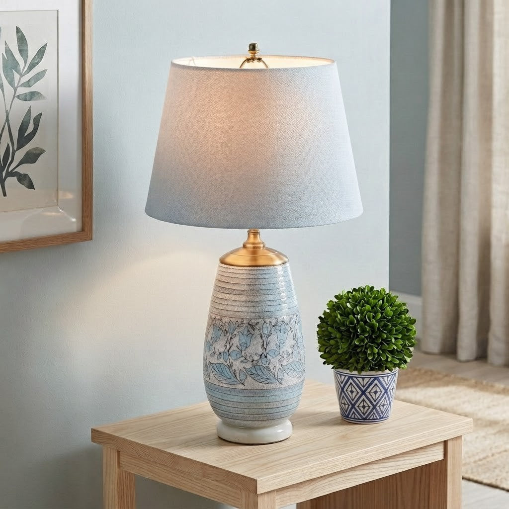 Custom Blue Pottery Vase Table Lamp – Vintage Ceramic Lamp - Brass Accent Lamp – One of a Kind Lighting – 25.75”