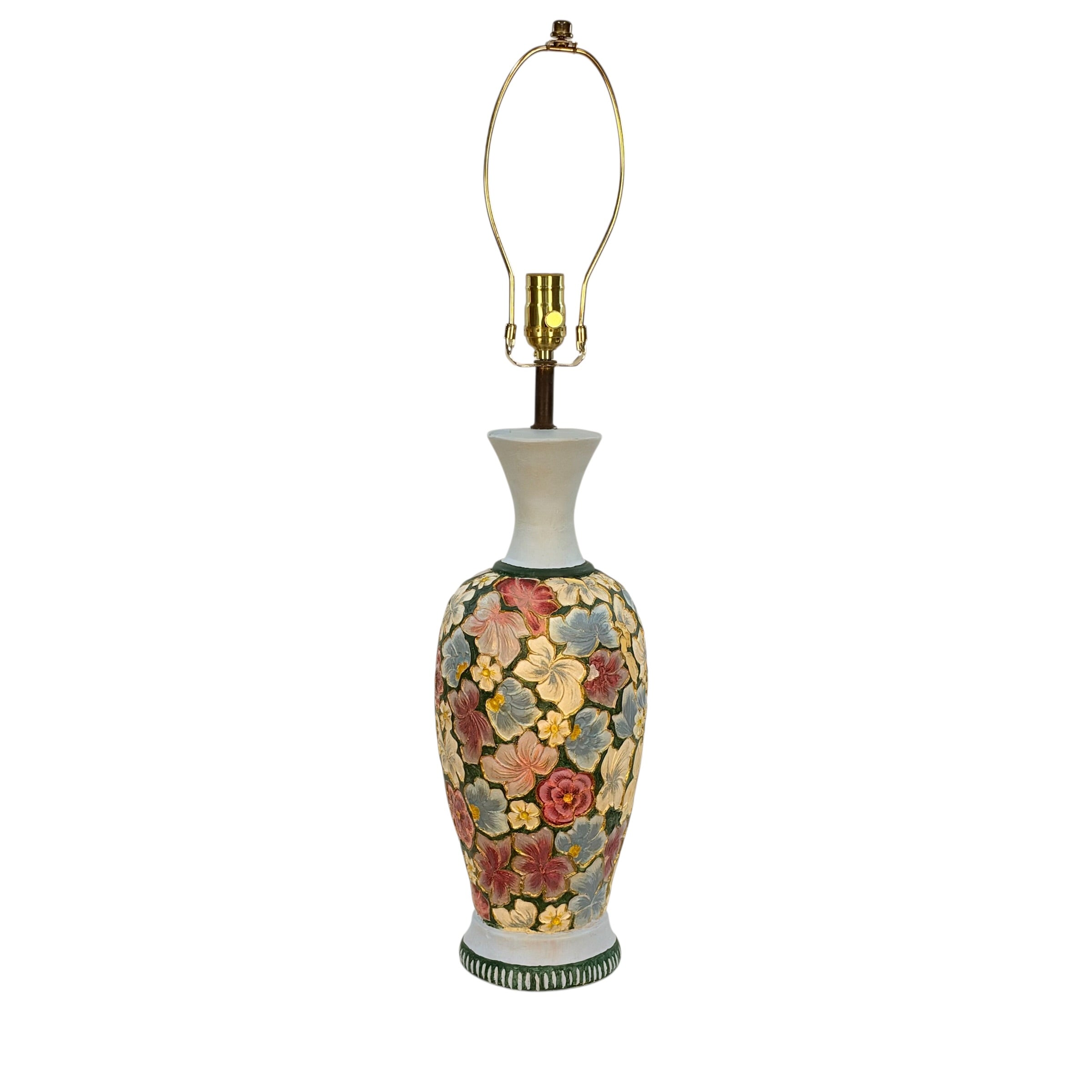 Vintage Chalkware Floral Table Lamp | Hand Painted Raised Flowers | Restored Cottagecore Grandmillennial Lighting