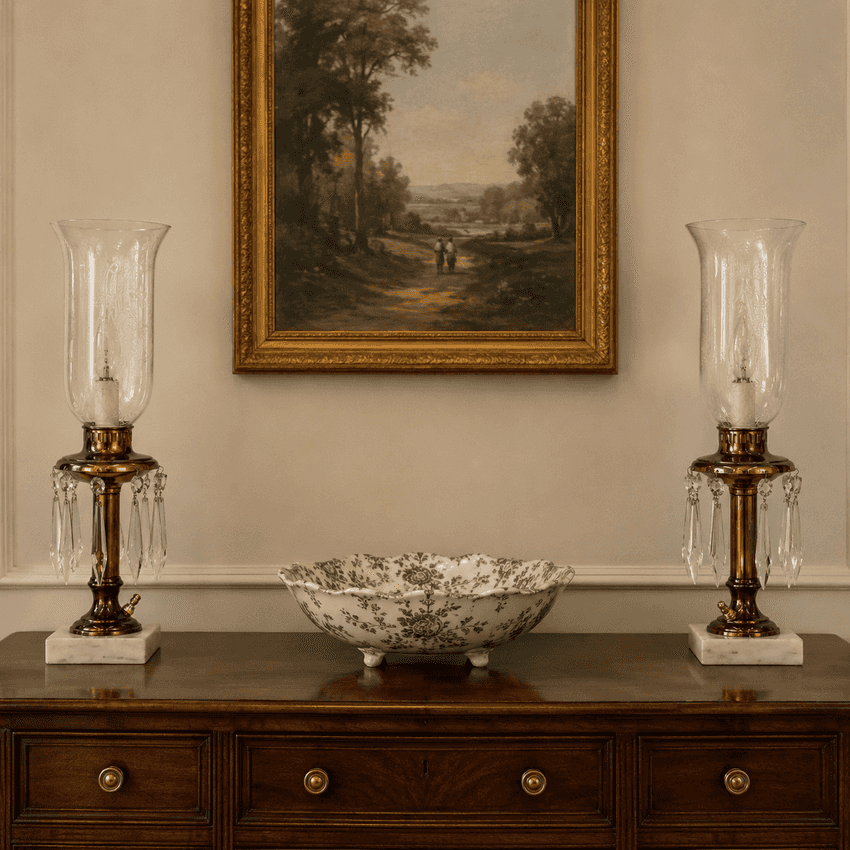 Pair Vintage Brass Crystal Boudoir Lamps with Etched Frosted Glass Chimneys