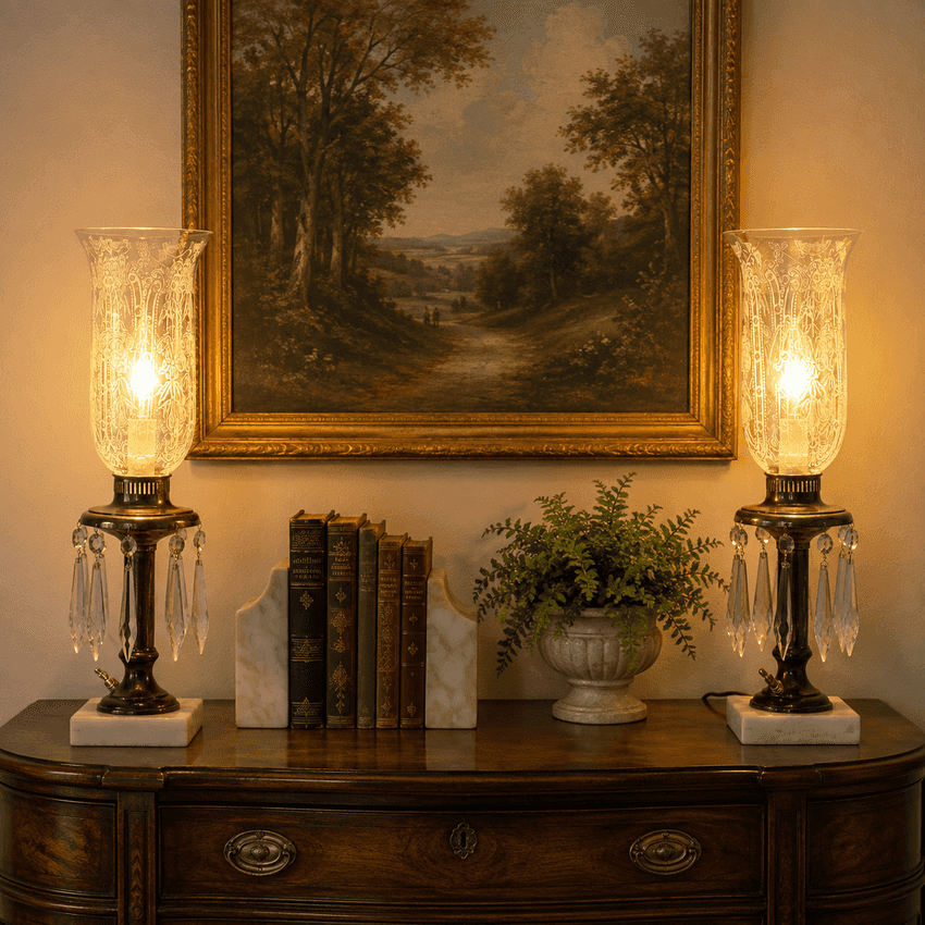 Pair Vintage Brass Crystal Boudoir Lamps with Etched Frosted Glass Chimneys