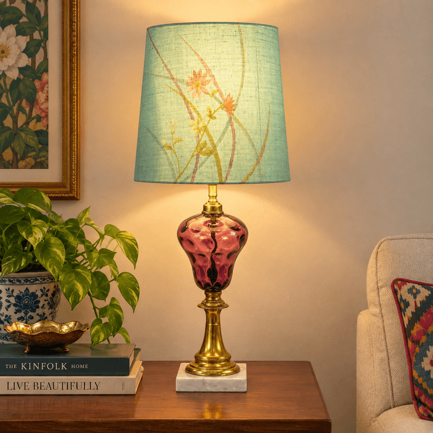 Vintage Amethyst Glass Table Lamp, Purple Thumbprint Glass Lamp, Brass Marble Base Lamp, Hollywood Regency Lighting