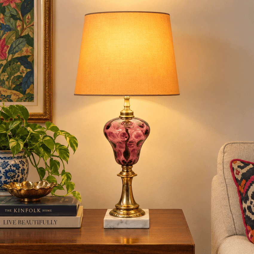 Vintage Amethyst Glass Table Lamp, Purple Thumbprint Glass Lamp, Brass Marble Base Lamp, Hollywood Regency Lighting