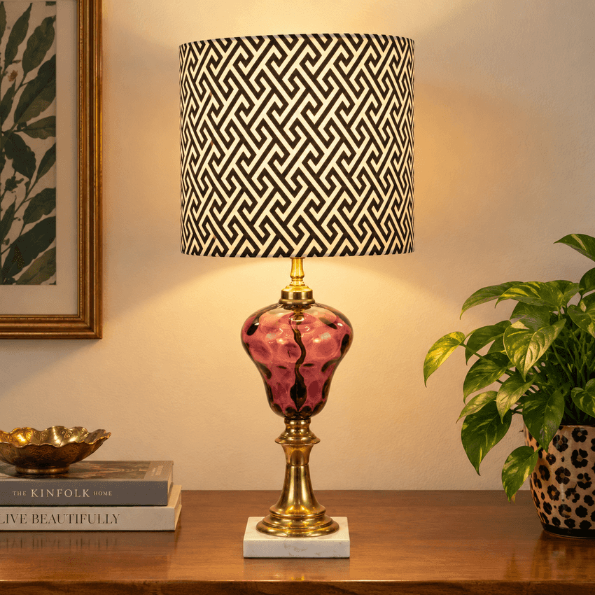 Vintage Amethyst Glass Table Lamp, Purple Thumbprint Glass Lamp, Brass Marble Base Lamp, Hollywood Regency Lighting