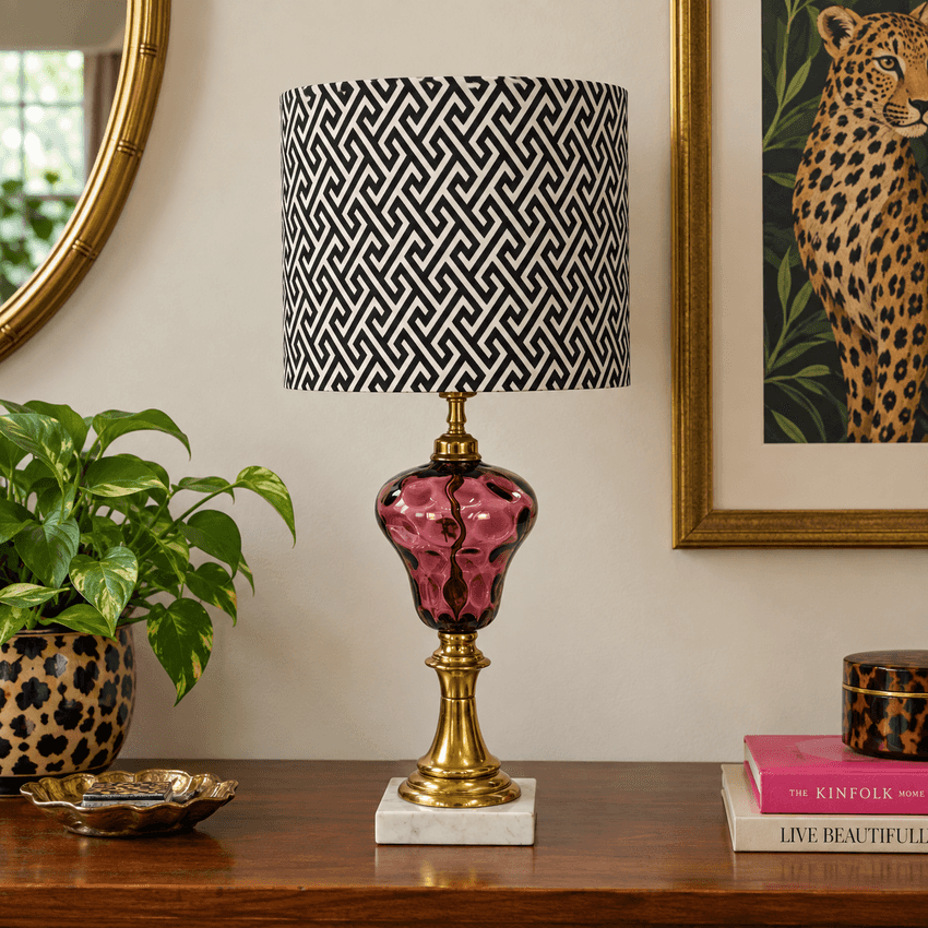 Vintage Amethyst Glass Table Lamp, Purple Thumbprint Glass Lamp, Brass Marble Base Lamp, Hollywood Regency Lighting