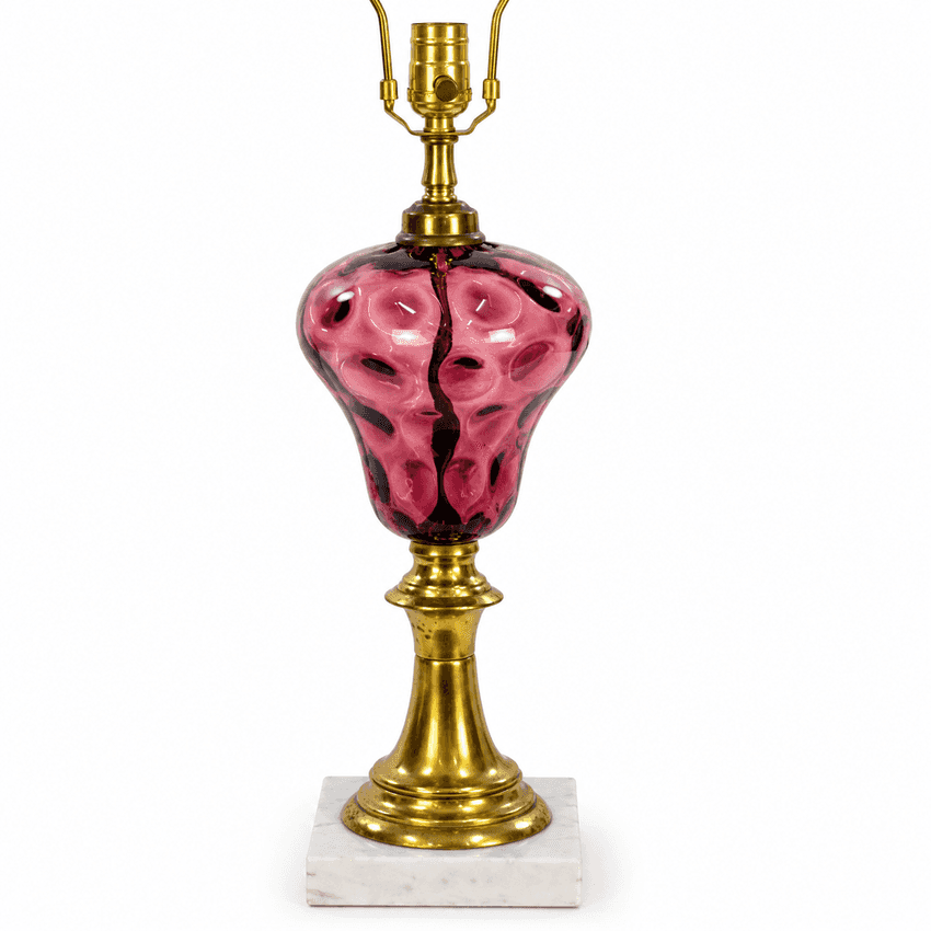 Vintage Amethyst Glass Table Lamp, Purple Thumbprint Glass Lamp, Brass Marble Base Lamp, Hollywood Regency Lighting