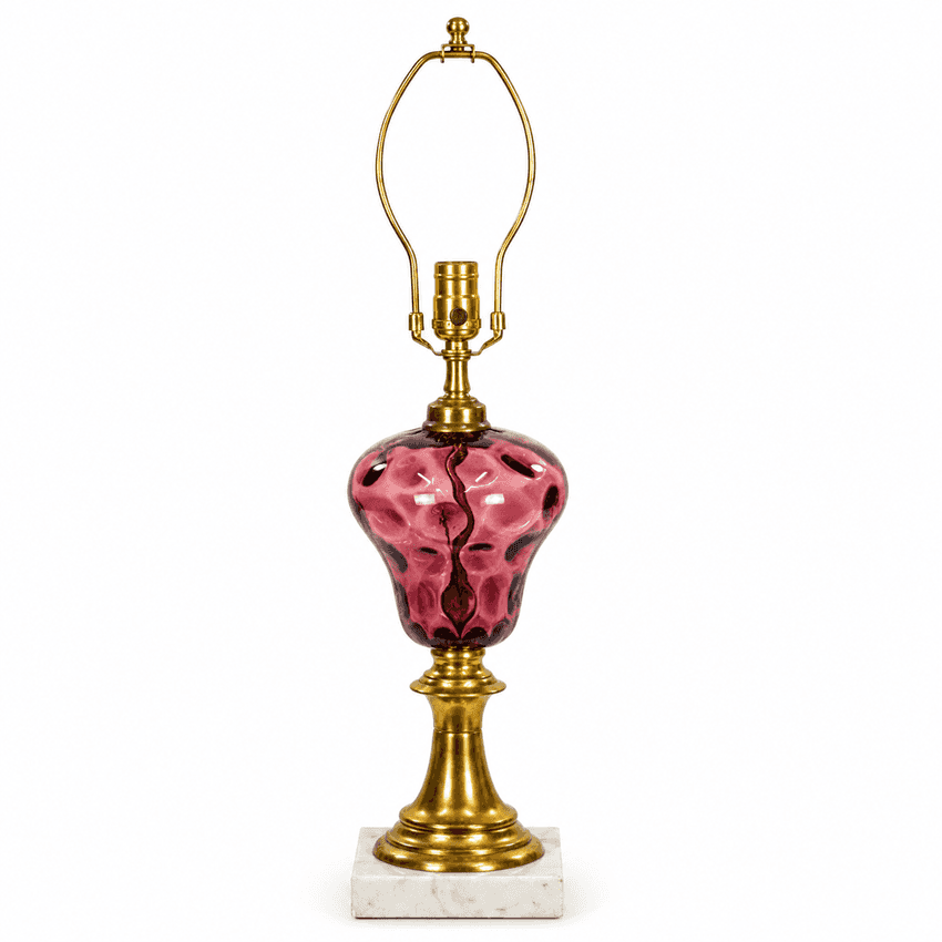 Vintage Amethyst Glass Table Lamp, Purple Thumbprint Glass Lamp, Brass Marble Base Lamp, Hollywood Regency Lighting