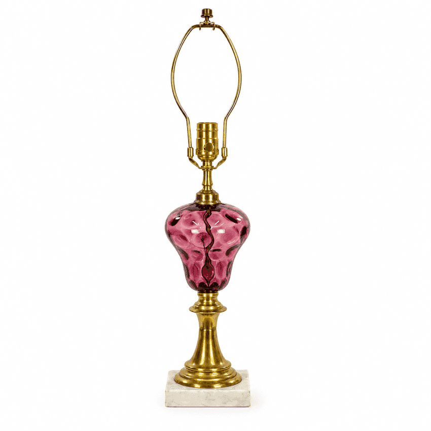 Vintage Amethyst Glass Table Lamp, Purple Thumbprint Glass Lamp, Brass Marble Base Lamp, Hollywood Regency Lighting