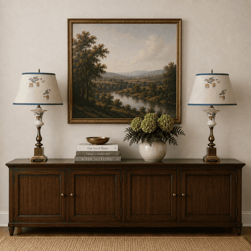 Vintage Chilean Bell Flower Table Lamps Pair with Original Fiberglass Shades | 28” Floral Lamps