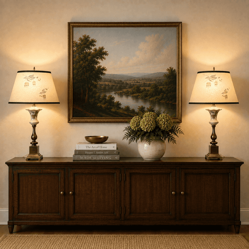 Vintage Chilean Bell Flower Table Lamps Pair with Original Fiberglass Shades | 28” Floral Lamps