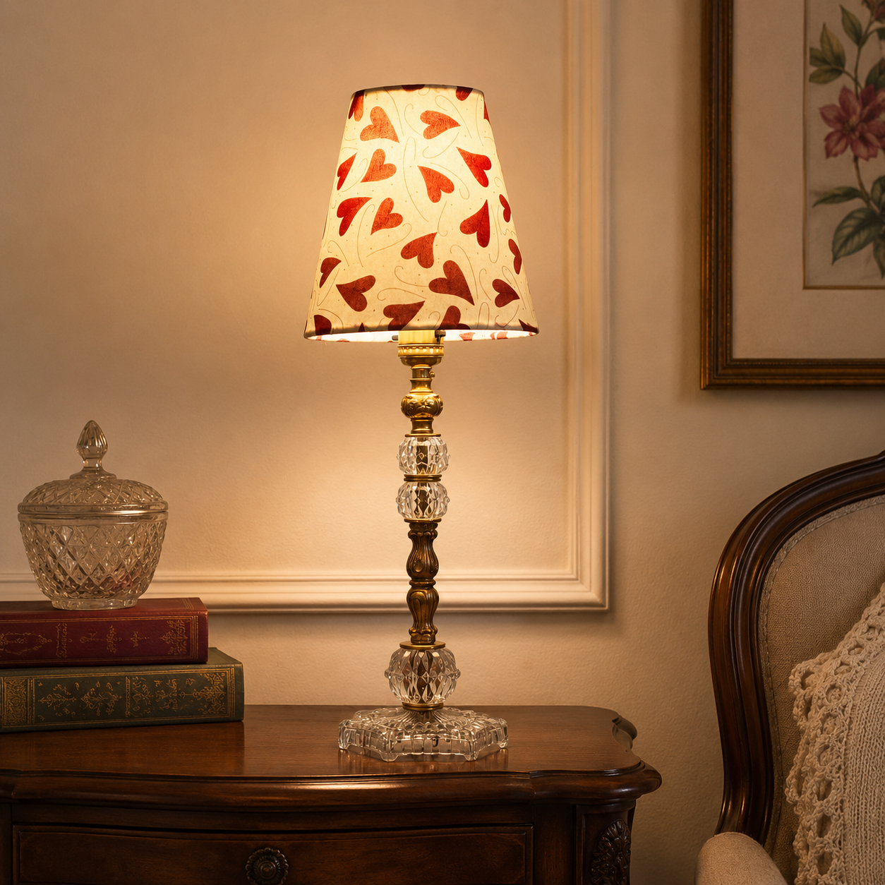 Custom Vintage Glass & Solid Brass Boudoir Lamp | Rebuilt Accent Table Lamp | New Wiring